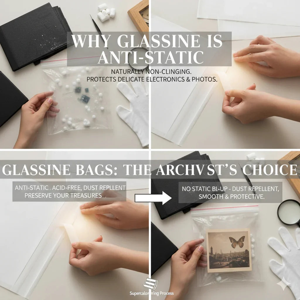 Why does glassine paper have anti-static properties?